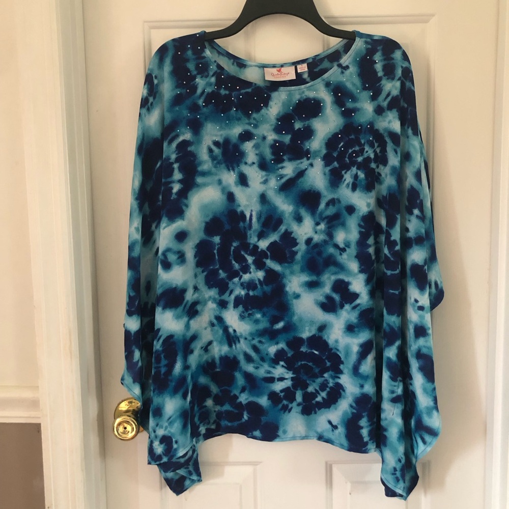 Quacker Factory turquoise blue tie-dye caftan rhinestones size L